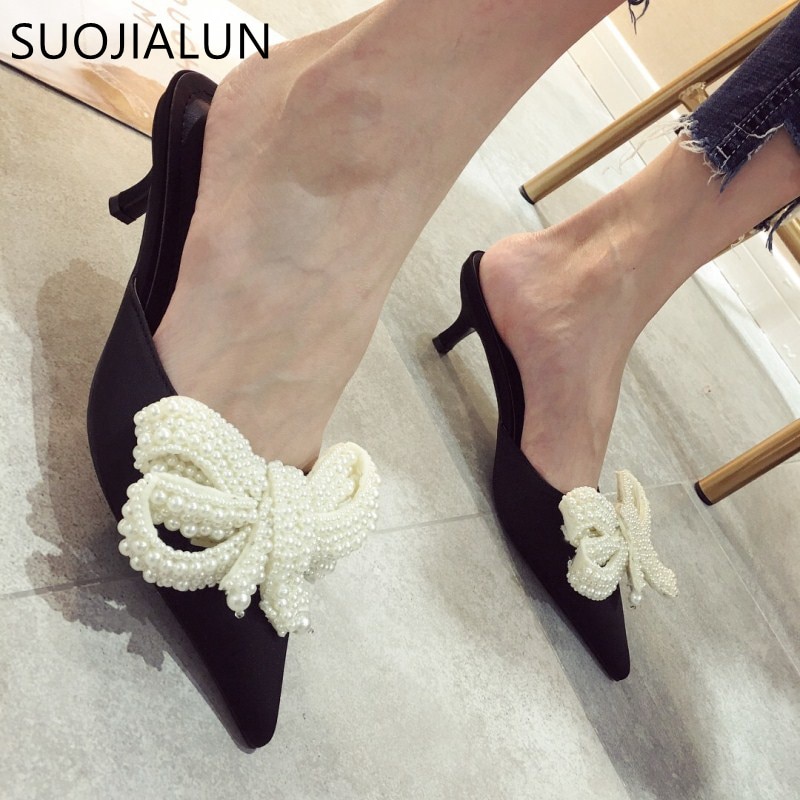 Suojialun kvinnor mules tofflor med klack sandaler sommar slip on slides märke fjärils loafers flip flops skor utomhus toffel