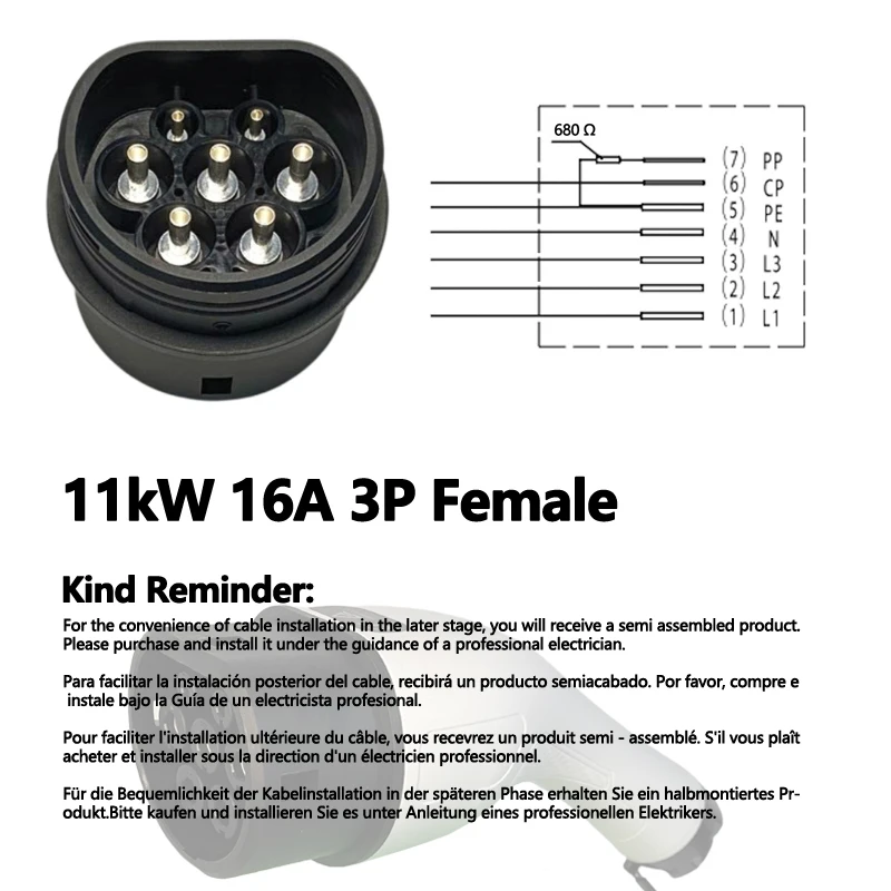 FITMPH Type 2 EV Female Charger Plug 3 Phase 32A 22kW IEC 62196-2 Connector for Electric Vehicle Charging - Connect to EV Side: Blue