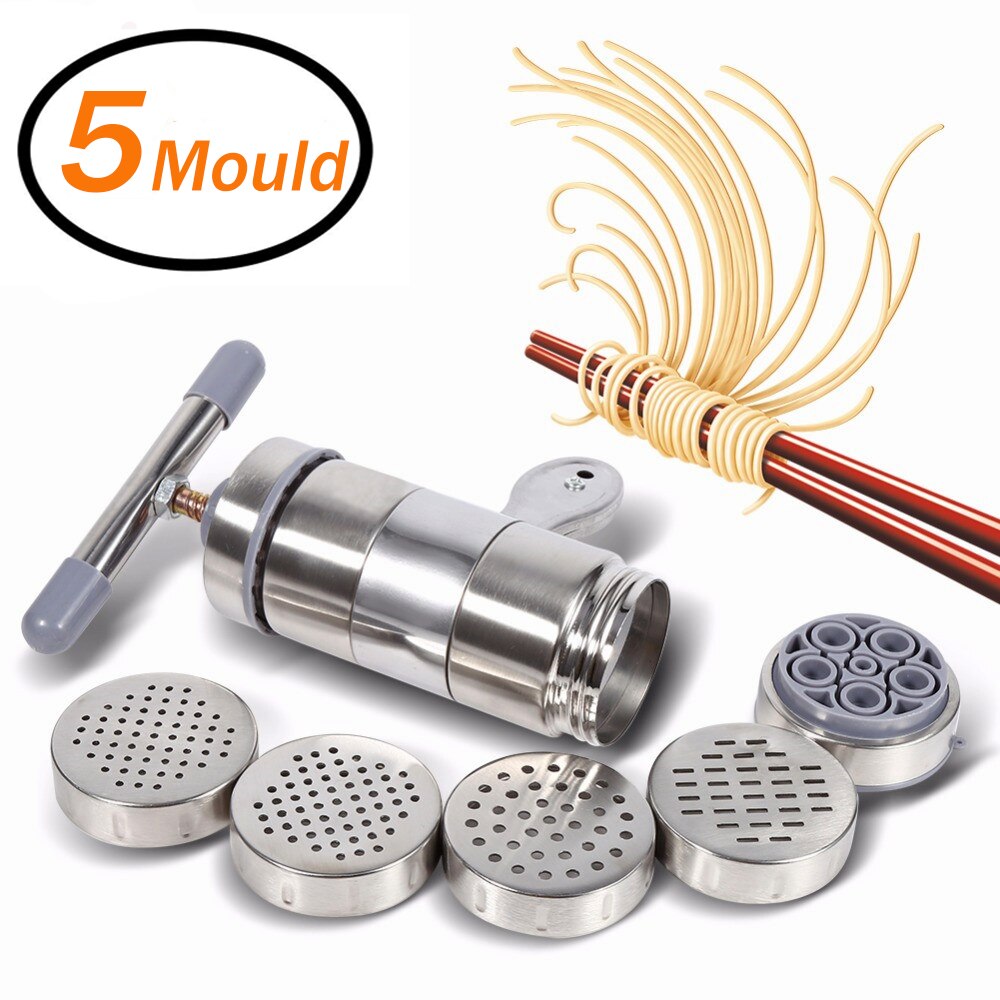 ZLCA Noodle Maker Stainless Steel Portable Household Manual Making Pasta Pressing Machine Kitchen Tools Hollow Noodle Cook Sets: 5 mold