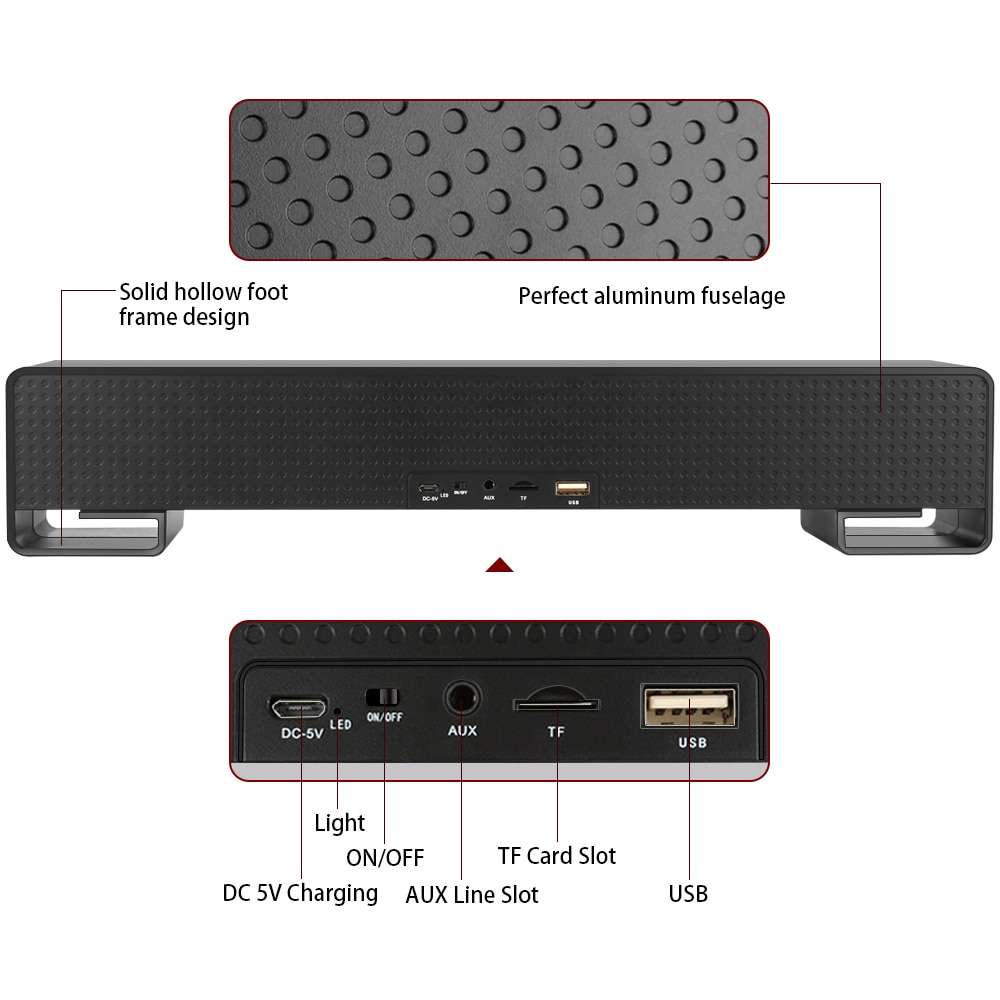 TOPROAD Touch Wireless Soundbar Dual Bass Stereo Bluetooth Speaker Support LCD Display Clock Handfree Radio Boombox for PC Phone