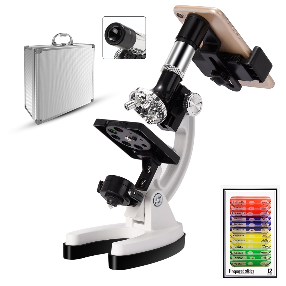 100X-600X-1200X Kids Beginner Biological Upgraded Microscope Metal Body LED/Mirror Light Source with Carrying Alloy Storage Box