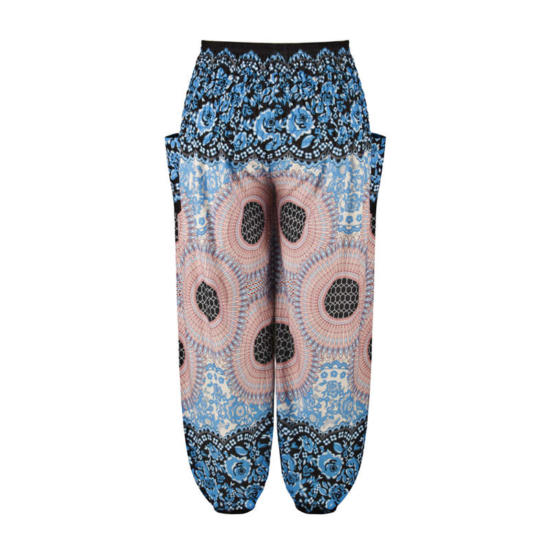 Men Thai Harem Pants Casual Trousers Loose Elastic Waist Vintage Print High Waisted Beach Pants Unisex Women Drawstring