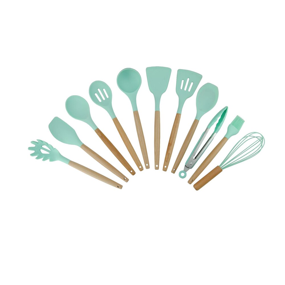 Wooden Handle Silicone Kitchenware Set for Non-stick Pan Kitchen Tool Accessories Spatula Spoon Clip Whisk Brush Ladle