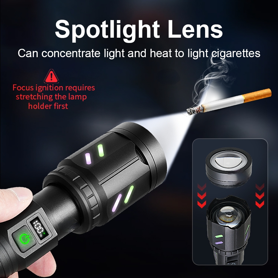 Ultra leistungsstarke Lampe mit 5 Modi, wiederaufladbare Super-Hochleistungs-LED-Taschenlampe, Outdoor-Laterne, Camping-Taschenlampen, kann Feuer machen