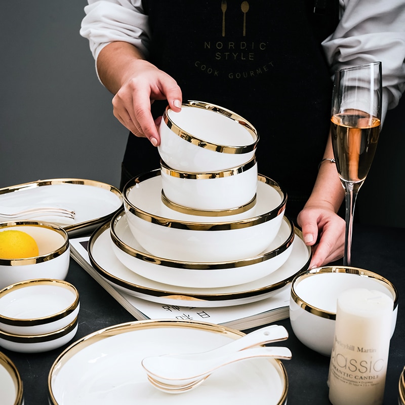 Ceramic Dinnerware Plate Bowl White Gold Stroke Ceramic Dinner Plate Steak Tableware Rice Soup Bowl Spoon Dish Home Decoration