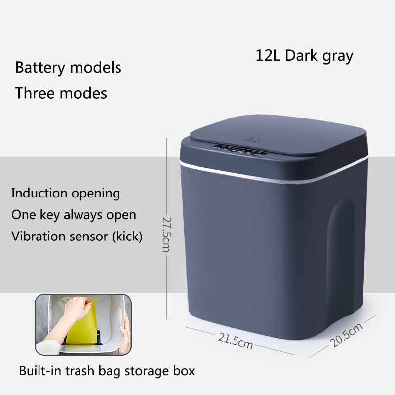 Cubo de basura inteligente para el hogar, papelera eléctrica automática con Sensor infrarrojo, color blanco, 12/14/16L: 12L Dark gray