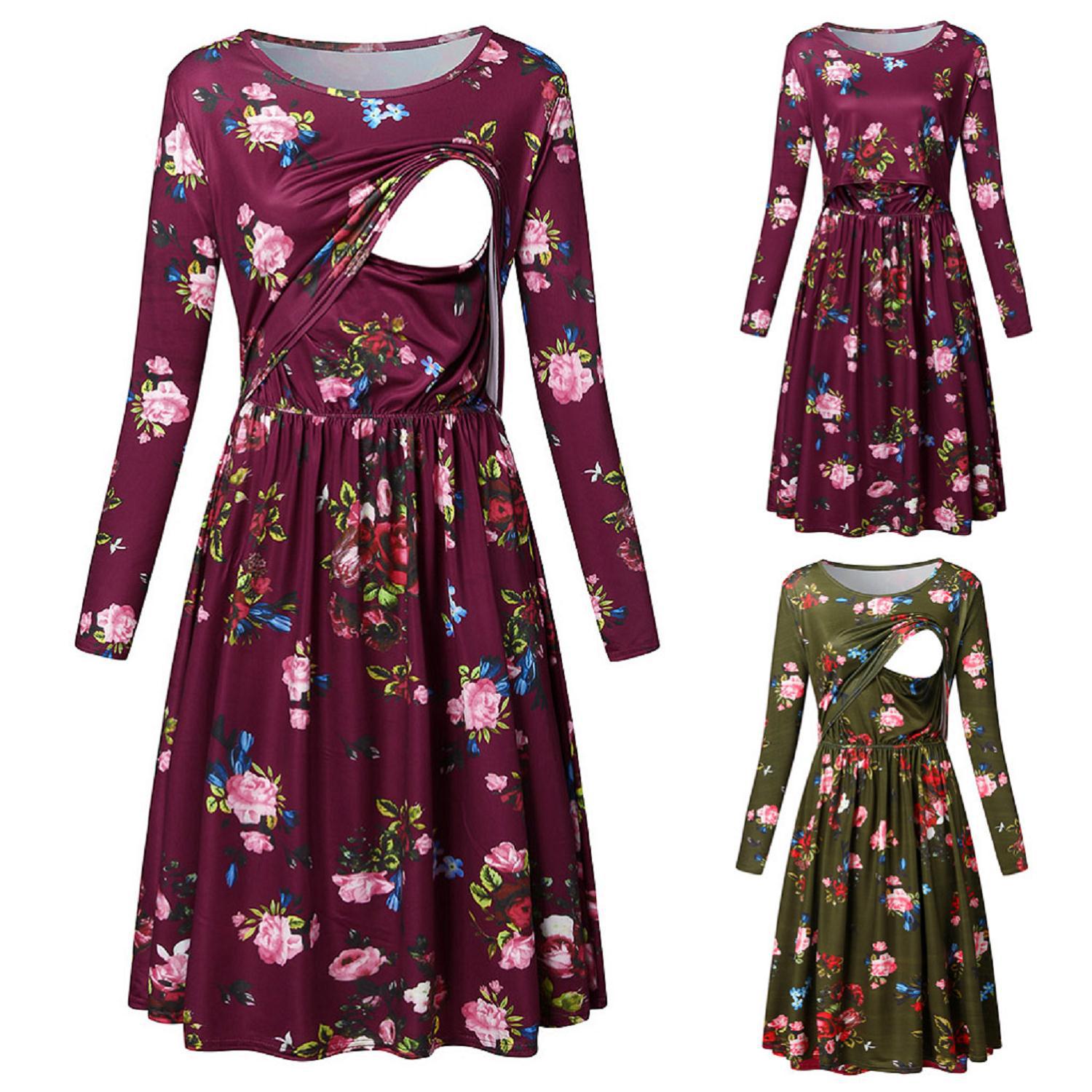 Stijl Voor De Herfst En Winter Verpleging Kleding Vrouwen Lange Mouwen Ronde Hals Elastische Multi-Functie moederschap Jurk