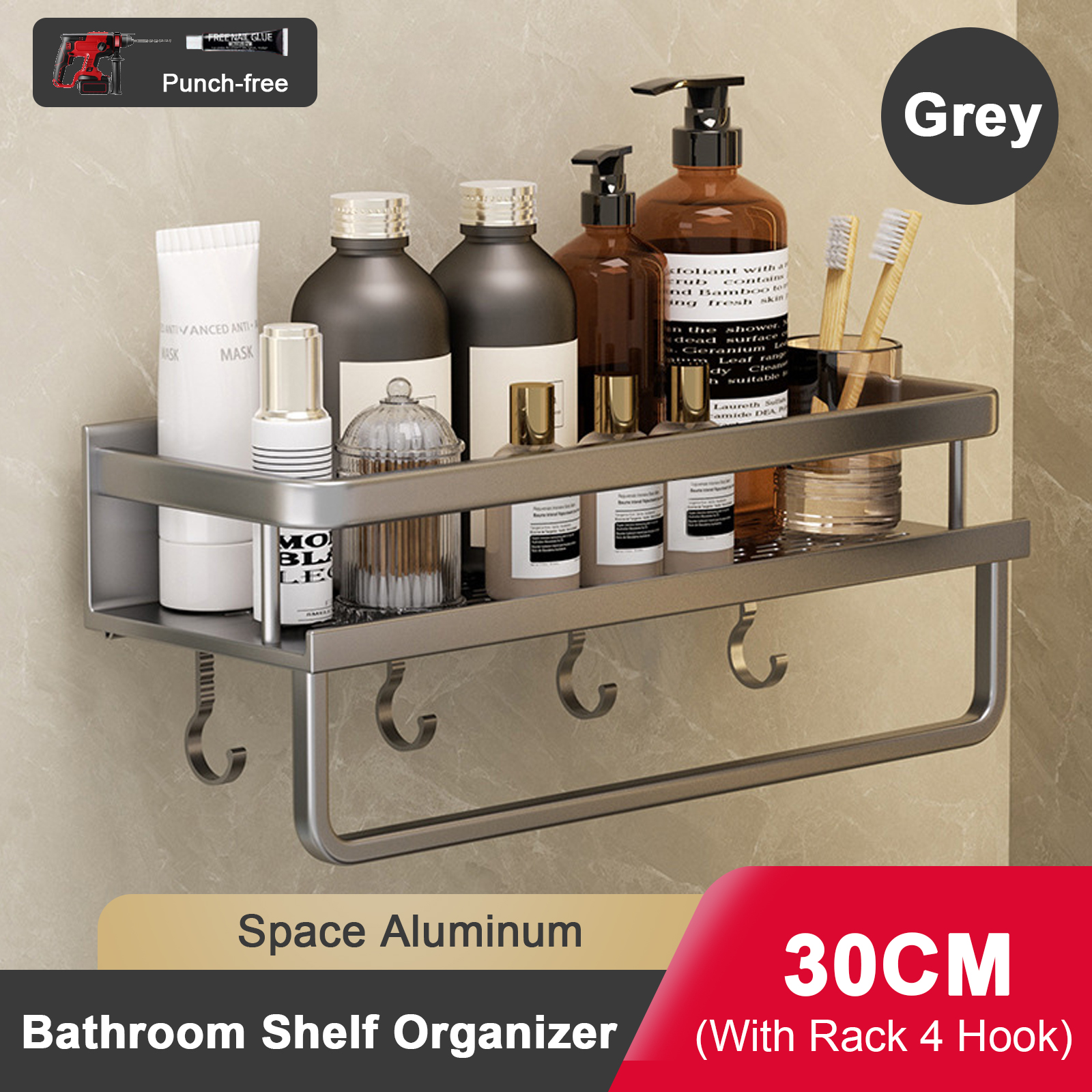 Support de salle de bain sans poinçon, étagère de salle de bain, espace de toilette en aluminium, sans perceuse, support suspendu, organisateur de salle de bain, accrocher au mur: Clair