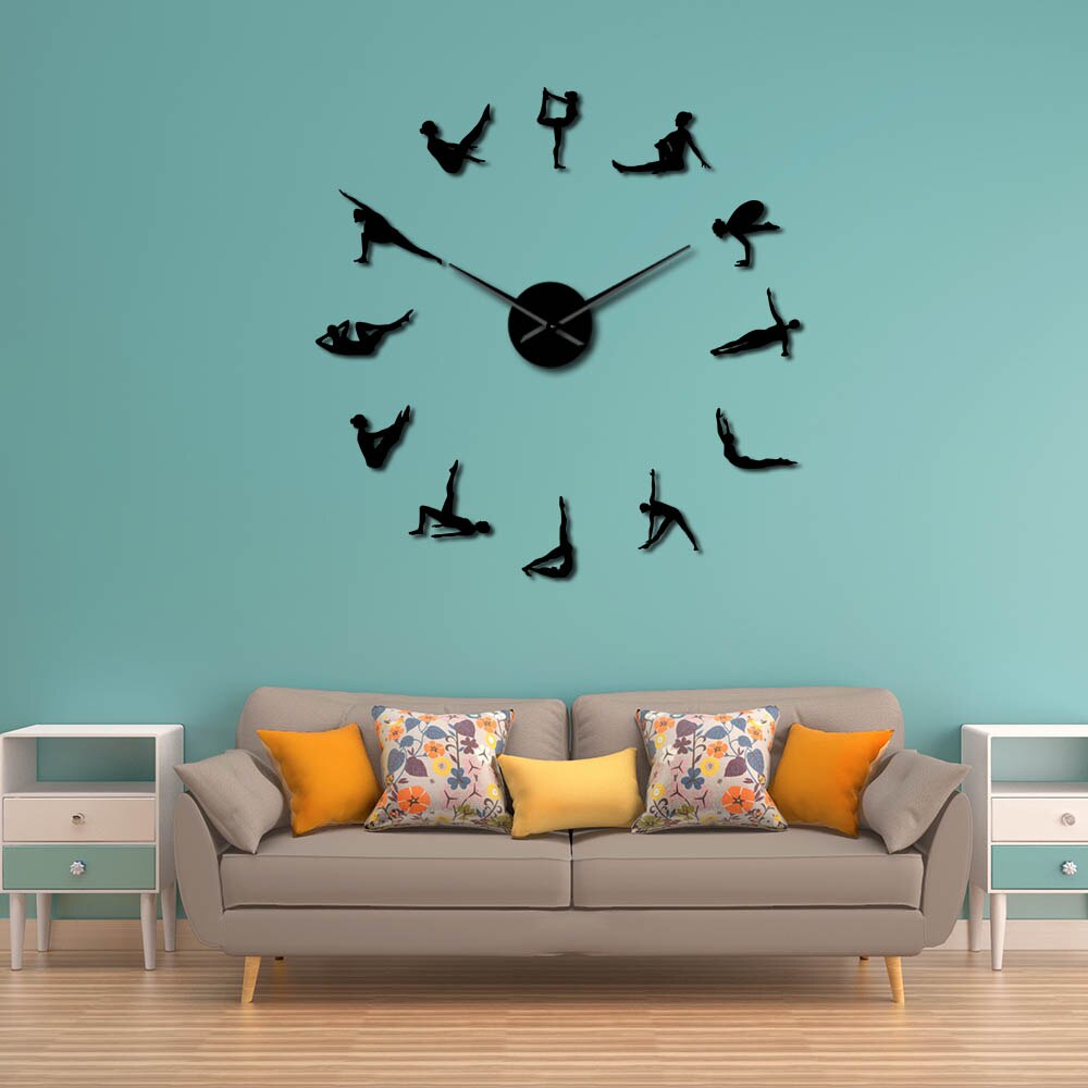 Pilates Poses Diy Big Needles Wall Clock For Girls Room Fitness Center Sport Exercise Health Quiet Watch Home GYM Decor Clock