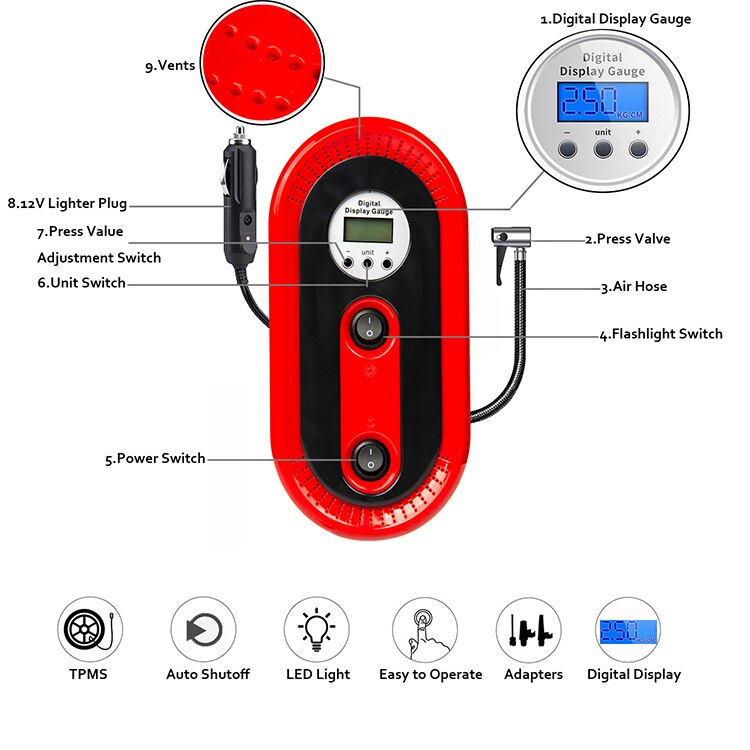 12V Portable Car Auto Electric Air Compressor Digital Compact Car Inflator Red with LED Light