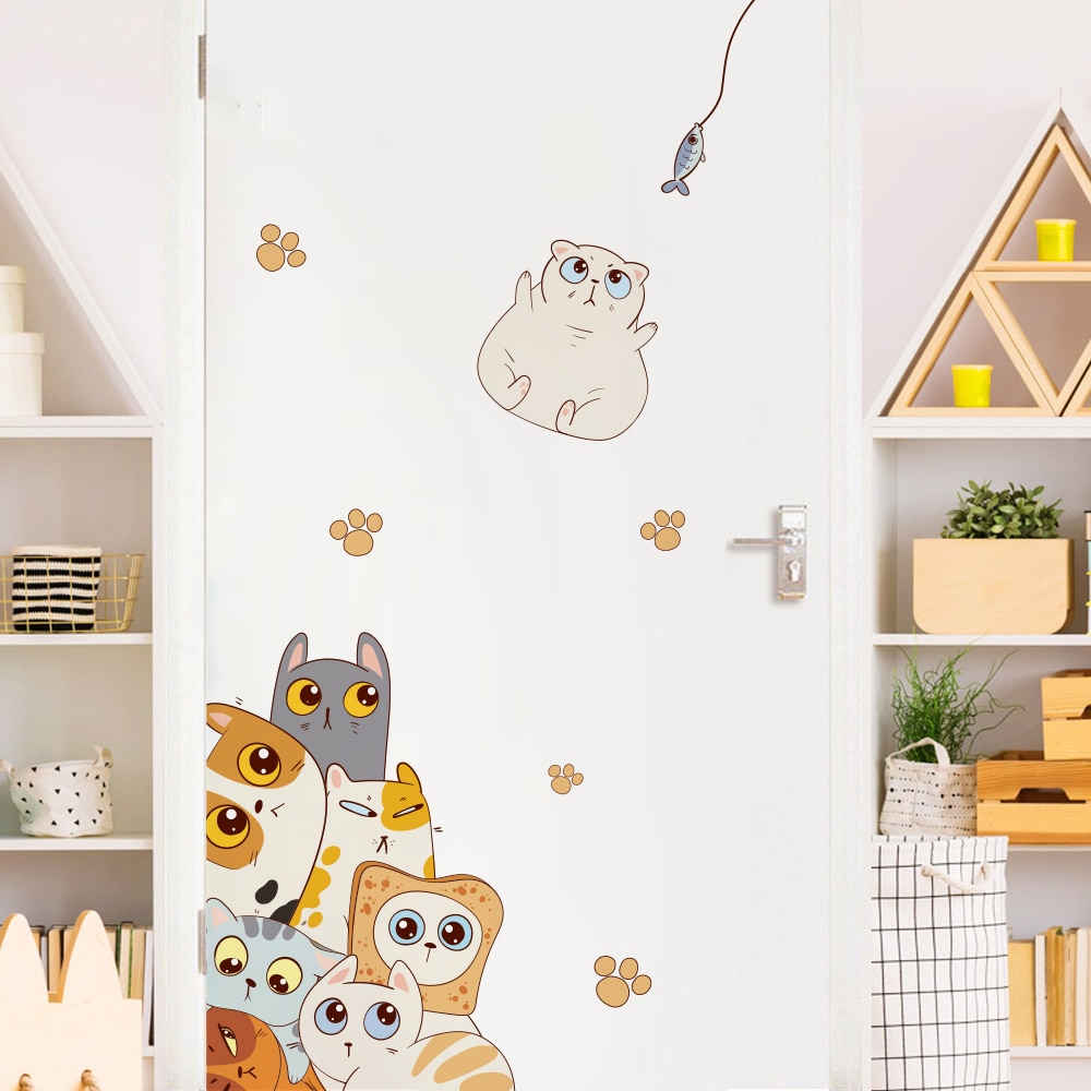 Kawaii Cats Cartoon Wall Sticker for Baby Room Nursery Kindergarten Decorative Wall Decal PVC Waterproof Removable DIY