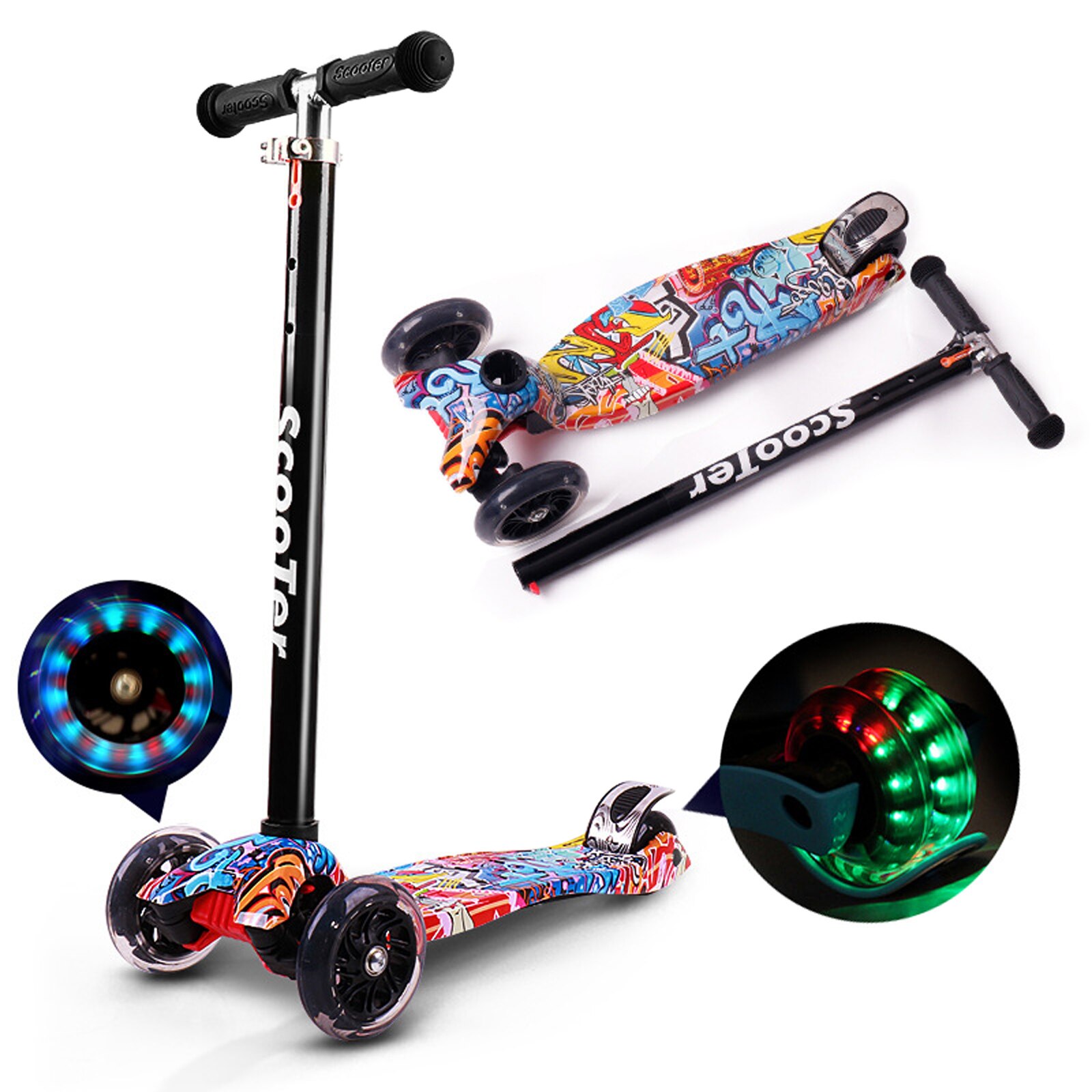 Sammenklappelig scooter til børn 3- hjulsscooter med lette hjul, sparkescooter til 3-8 års justerbar højde letvægts-scooter