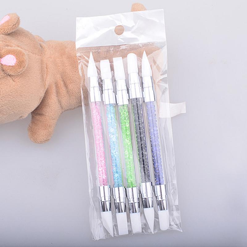 1PC Embossed Silicone Tip Pen Double-headed Nail Brush With Diamond Transparent Handle Nail Polish Salon Nail Sculpture Pen Tool