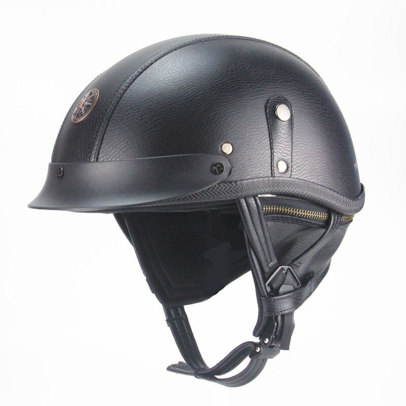 Zwart Volwassen Lederen Helmen Voor Motorfiets Retro Half Cruise Helm Prins Motorhelm Goedgekeurd