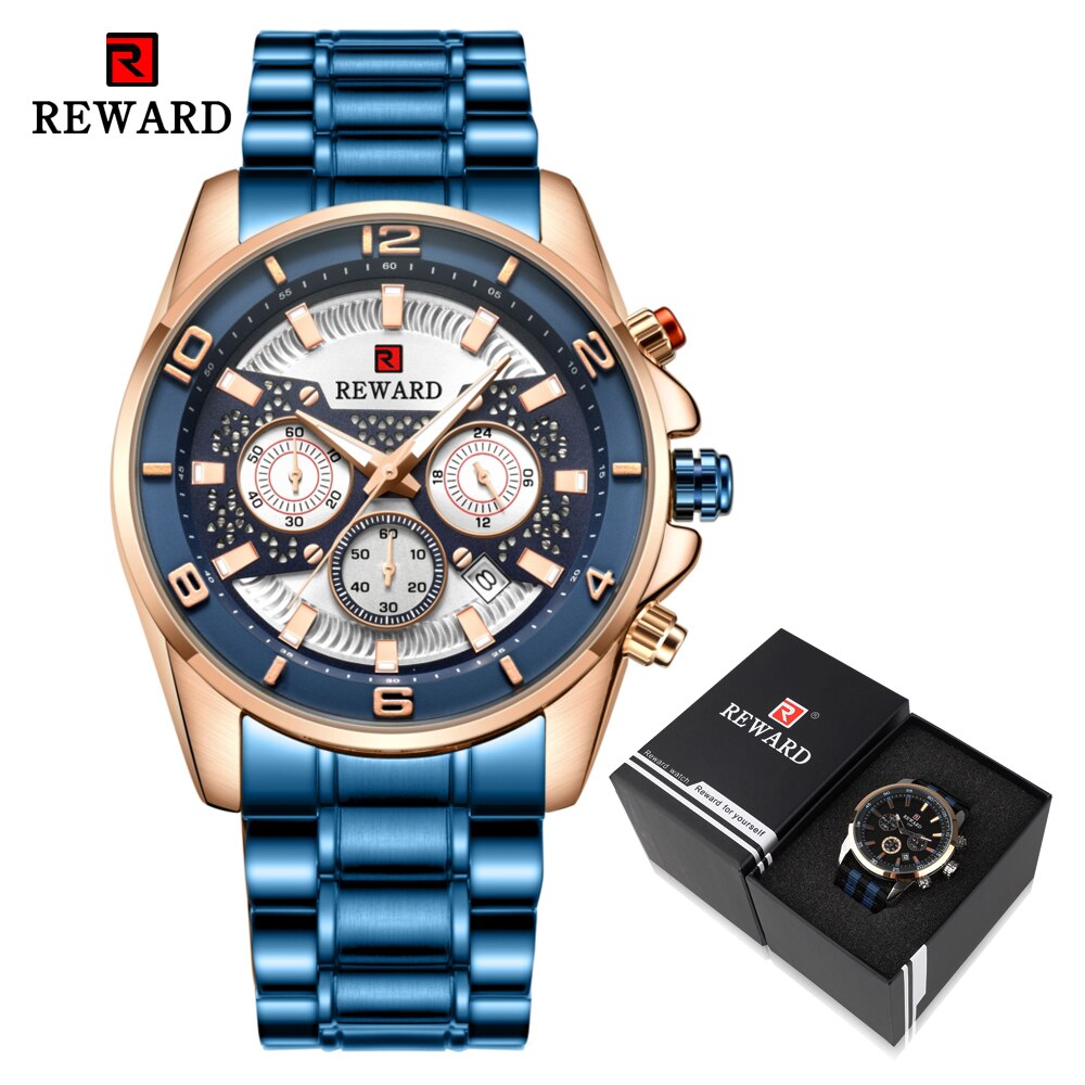 Reward sport chronograaf herenhorloges volledig stalen quartzhorloge grote wijzerplaat waterdicht horloge heren gouden polshorloges relogio masculino: Blauw in doos