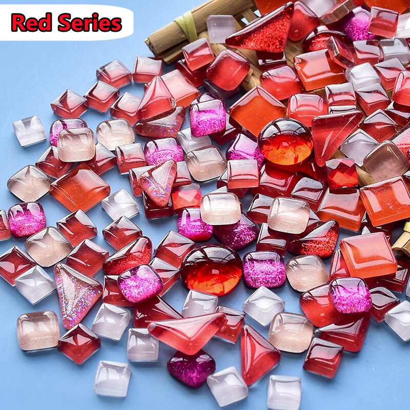 Azulejos de mosaico de vidrio diversificado, materiales para manualidades de mosaico DIY, mezcla de colores/formas, piedras de mosaico brillantes redondas/triangulares/cuadradas, 250g/8,81 oz: Red Series