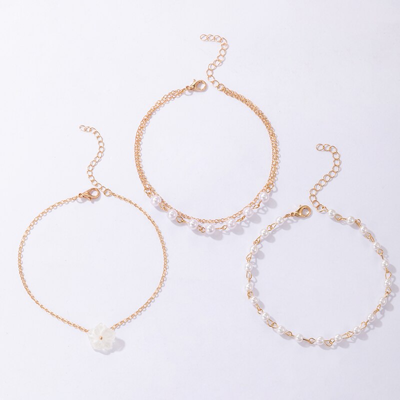Tocona Mooie Witte Bloemen Enkelband Voor Vrouwen Elegante Parel Steen Kralen Voet Ketting Goud Legering Metalen Sieraden 3 Stks/sets 20850
