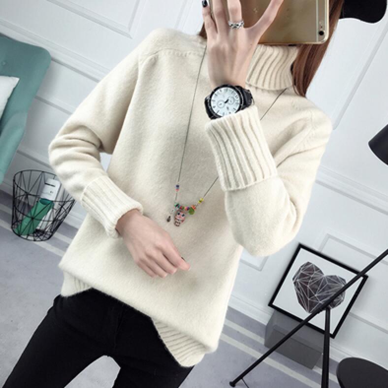 Autumn winter Women Knitted Sweaters Soft Pullovers Turtleneck Long Sleeve Solid Color Slim Elastic Short Sweater Women: Beige