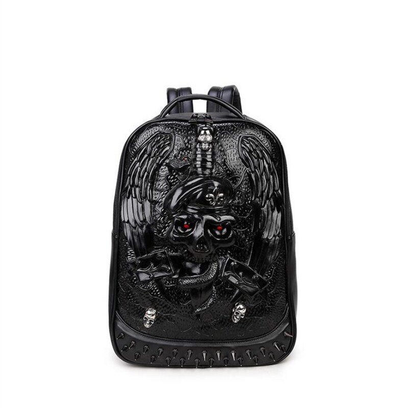 3d Personality Skull Leather Backpack Rivets Mens Back Pack Bag Japanese Bag Backpack: Black