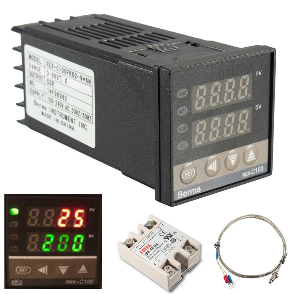 Digitale 220V PID REX-C100 Temperatur Controller + max.40A SSR + K Thermoelement, PID Controller Set + Kühlkörper
