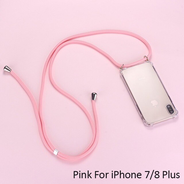 Strap Cord Chain Phone Tape Necklace Lanyard Mobile Phone Case for iPhone 7Plus 8Plus Carry Cover Case to Hang On Apple 7+ 8plus: Pink