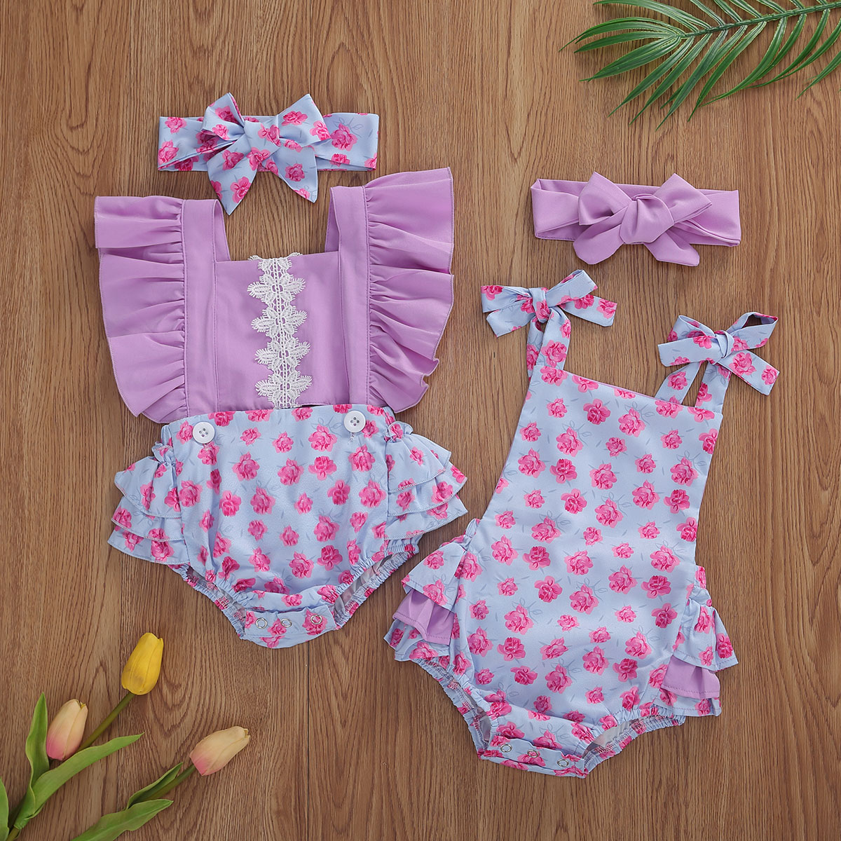 0-24m sommer søde børn baby piger drenge bodysuits blomster print flæser ærme lilla jumpsuits pandebånd