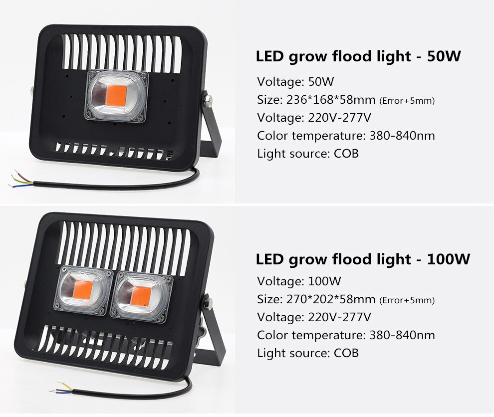 Høy effekt kolbe ledet vokse flom lys/ ledet chip 20w 30w 50w 100w ac220v ip65 vanntett fullspekter 380-780nm til såplante
