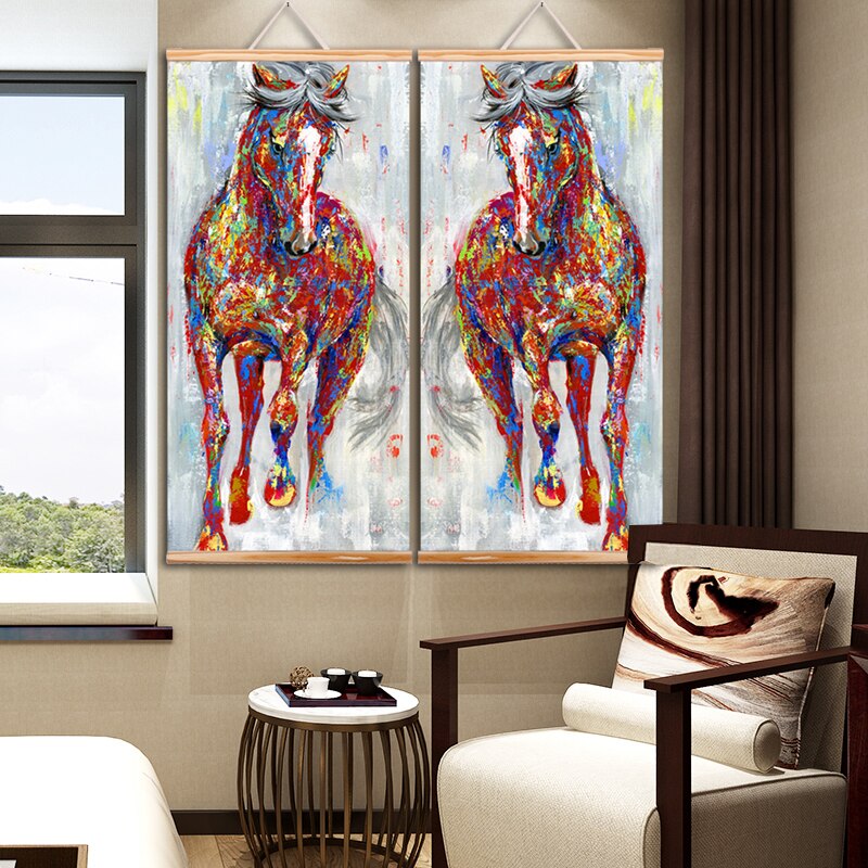 WANGART frame schilderij Groter Originele Running Horse Schilderijen Wall Art Houten Scroll Muur Foto Voor Woonkamer