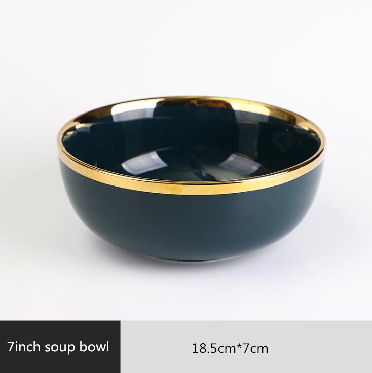 Jante dorée porcelaine vert foncé ensemble d'assiettes de cuisine assiette en céramique vaisselle nourriture plats riz salade nouilles bol tasse couverts: 7 inch soup bowl