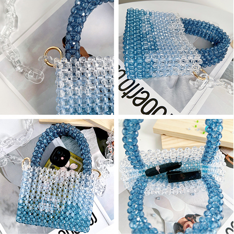 Gradiënt Blauw Kralen Portemonnees En Handtassen Lange Riem Hand Geweven Kralen Crossbody Tassen Voor Vrouwen Blauw Mode Portemonnees Crossbody