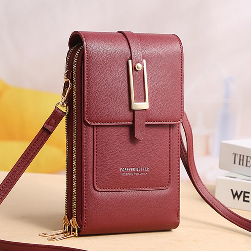 Brand Phone Shoulder Bags Women PU Leather Screen Touch Crossbody Bags Ladies Small Handbags Female: Wine Red