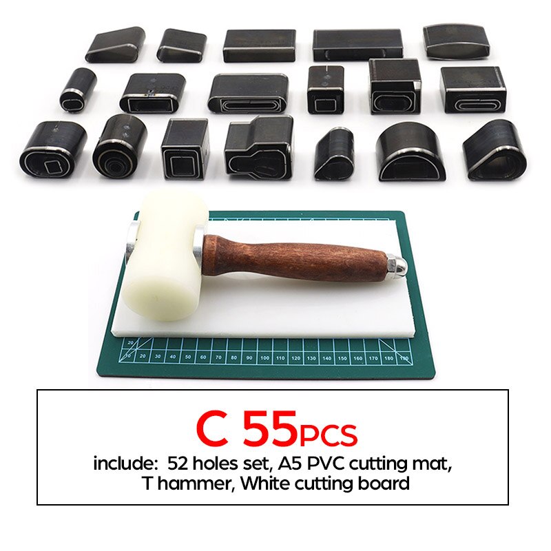 Multiple DIY Leather Hole Puncher Metal Hollow Hole Cutter Leather Punching with Hammer Sets DIY Handmade Leather Craft Tool Set: C