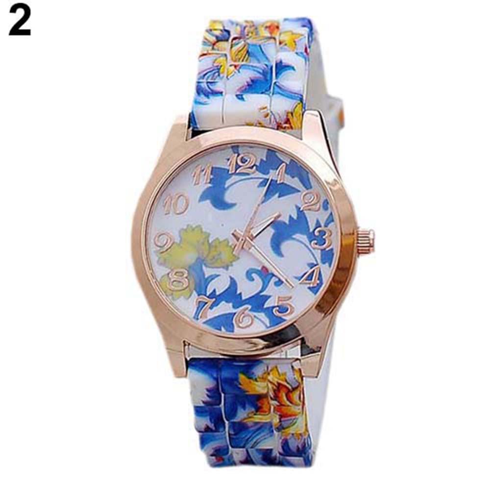 Mode Vrouwen Bloemenprint Silicon Band Arabische Cijfers Wijzerplaat Quartz Horloge Armband: 2