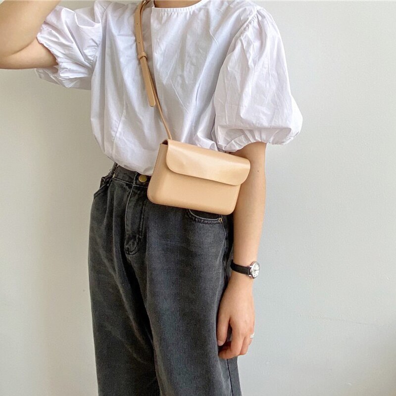 Sommar kvinnor mini crossbody telefonväska enfärgad enkel stil dam axelväska pu läder ungdomsfodral midjeväska ins: Aprikos