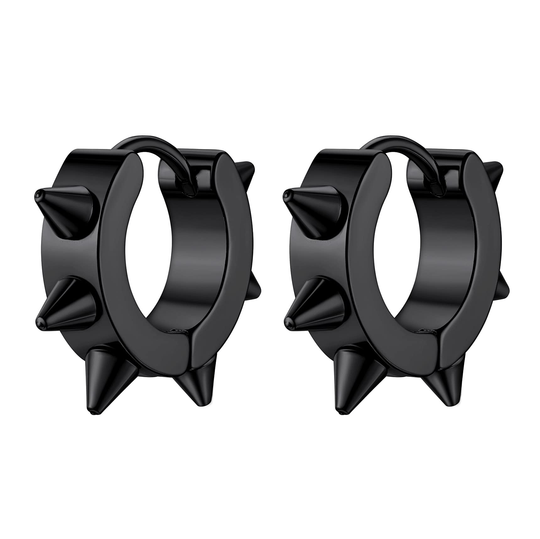 Punk Spike Huggie Hoop Earrings Round/Heart/U Shape Stainless Cartilage Stud Earrings Men Women Cool Gothic Style Chunky Jewelry: Round Black