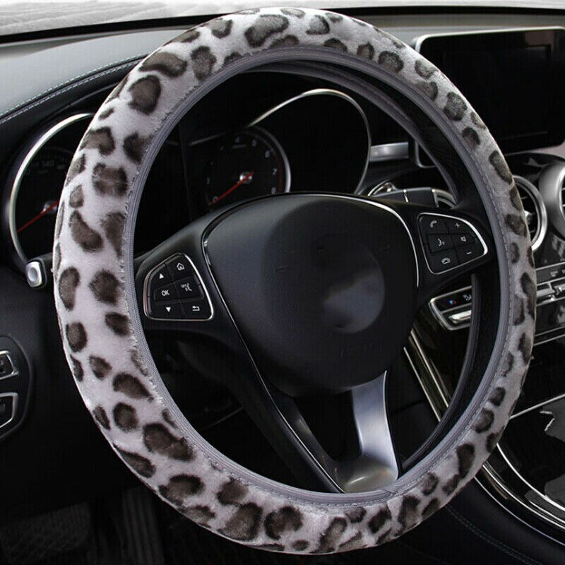 1Set Gray Leopard Fluff Plush Steering Wheel Hand Brake Gear Position Gear Winter Three-piece Fur Cover Car Interior Accessories