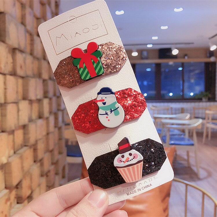 Zuid-koreaanse kerstjaar kinderhaaraccessoires baby bb clip kerstman haarspeldjes meisjes hoofdtooi set: Cadeau sneeuwpop taart 3 stuks met kaartje