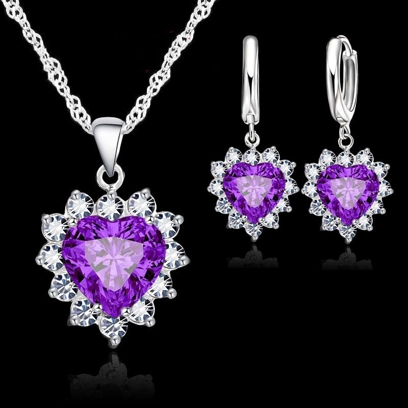 Conjunto de joyería de plata de ley 925 para mujer, colgante de corazón de piedra CZ, collar, pendientes, de cumpleaños