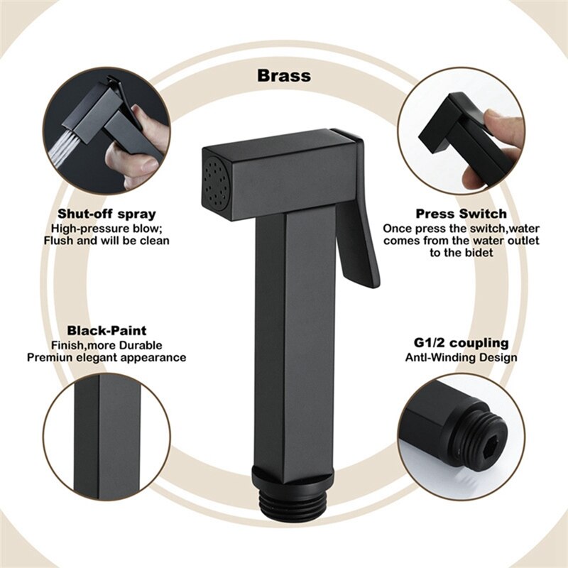 1 Set Handheld Toilet Sprayer Stainless Steel Bathroom Bidet Sprayer Set & 1 Pcs Solid Brass Square Black Bidet Sprayer