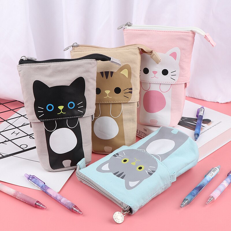 Portalápices retráctiles multifunción para niñas y niños, estuche de lápices Kawaii de lona con de animales de gato, material de papelería coreana