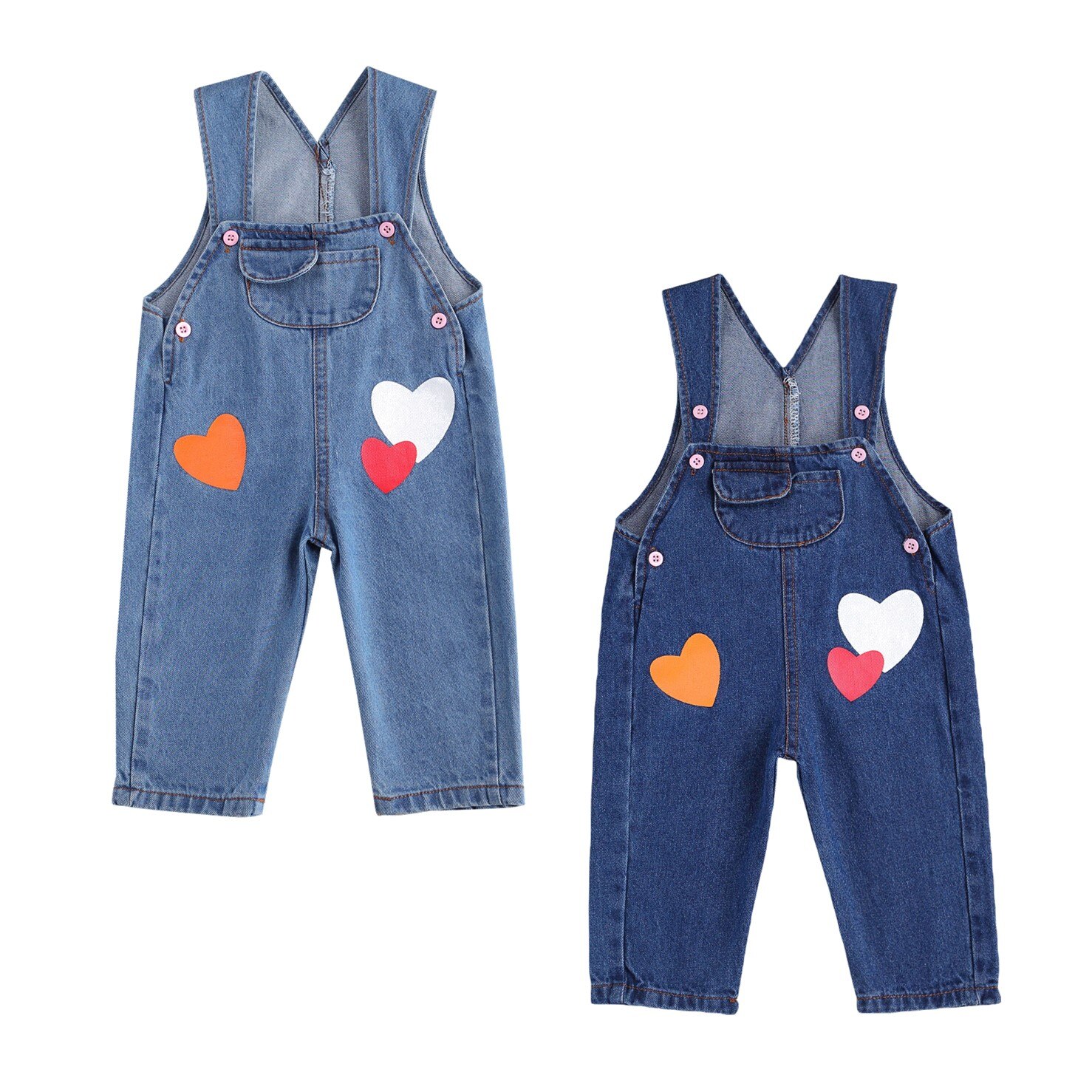 Citgeett Spring Autumn 0-12M Todder Baby Boy Girl Hearts Print Denim Suspender Pants Pockets Jeans Buttons Trousers 2 Colors