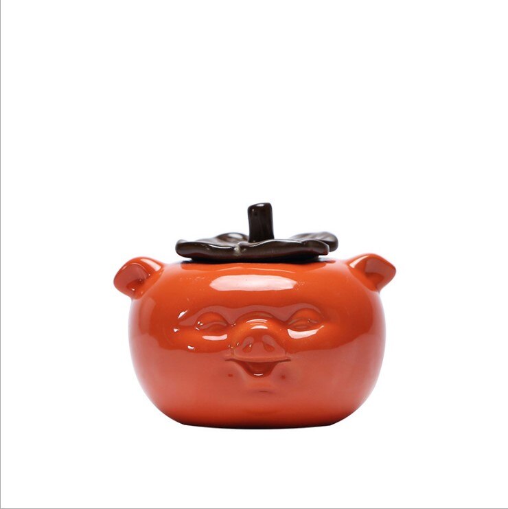 simple and cute Pig Ceramic miniature Tea caddy Orange and Green