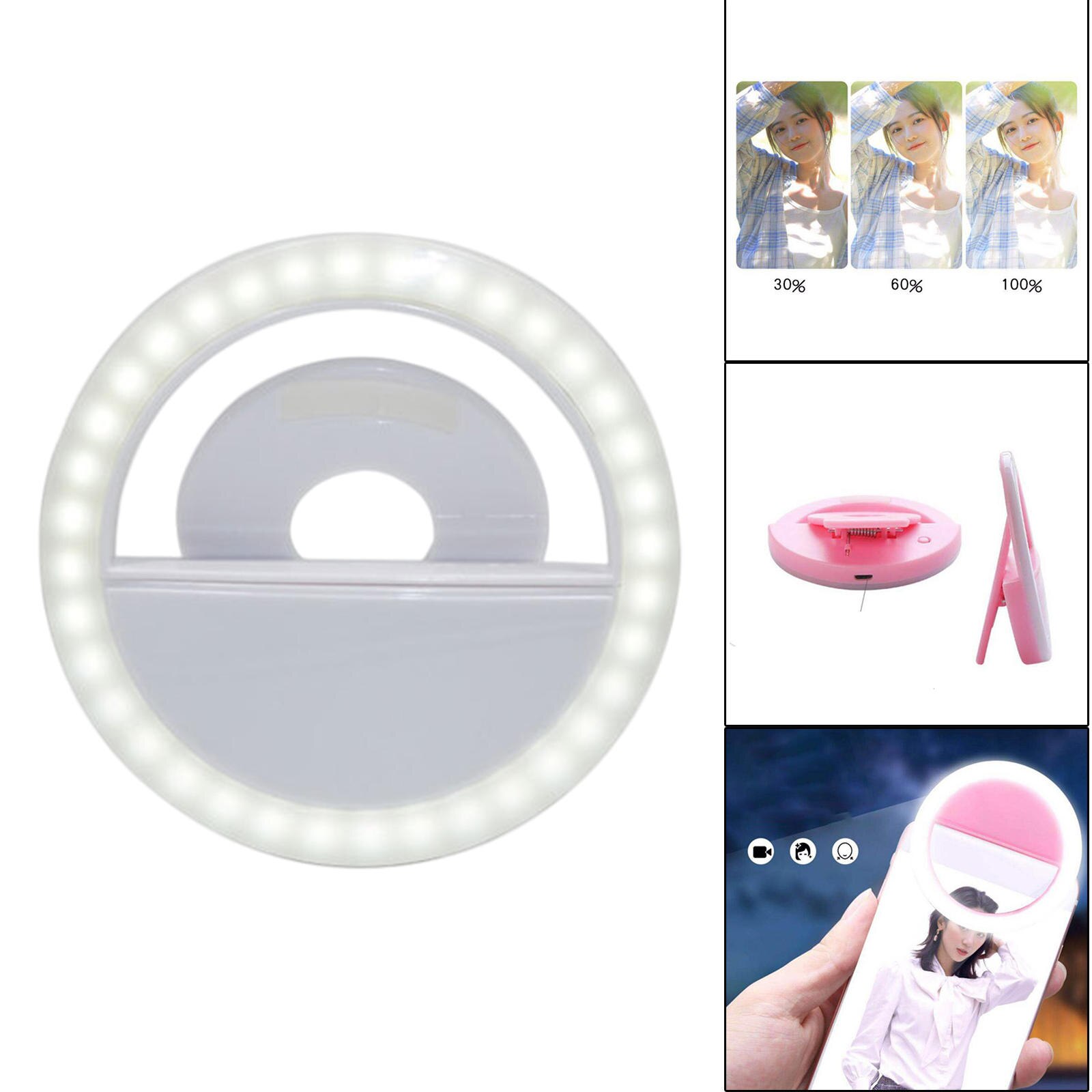 LED Selfie Loop Light portatile Clip-On 3 livelli dimmerabile luce di riempimento per Video Live Show Indoor Outdoor Smart phone Photography: WHITE