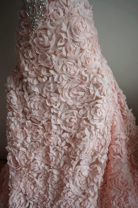 1 yard 3D chiffon rosette lace fabric, light pink color 3D rose pleated ruffled lace fabric for bridal wedding dress