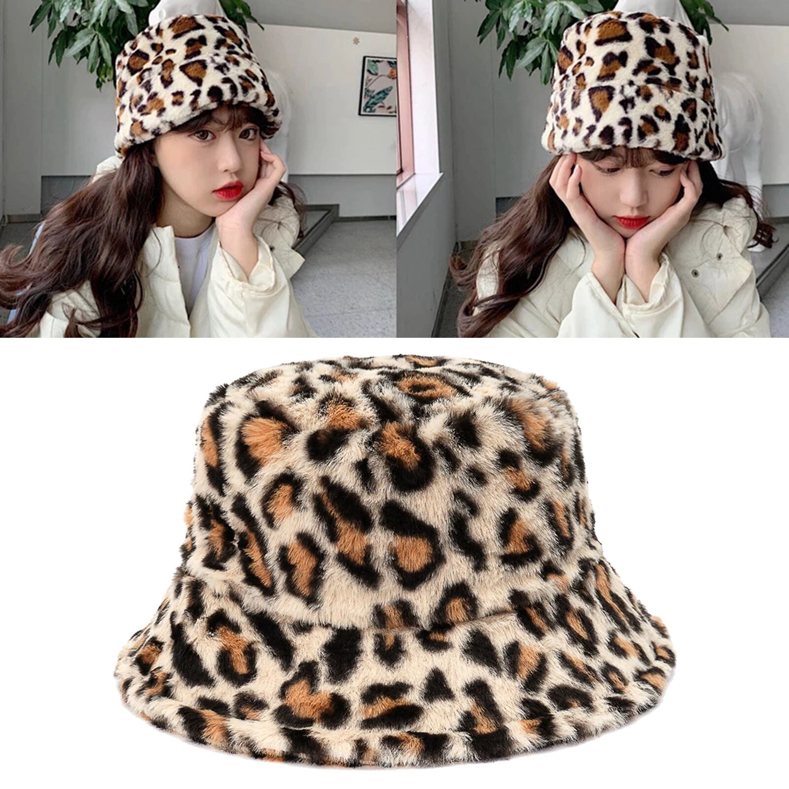 Vinter ko leopard print imiteret pels plys spand hatte til kvinder udendørs varm hat blød fløjl fisker cap lady panama