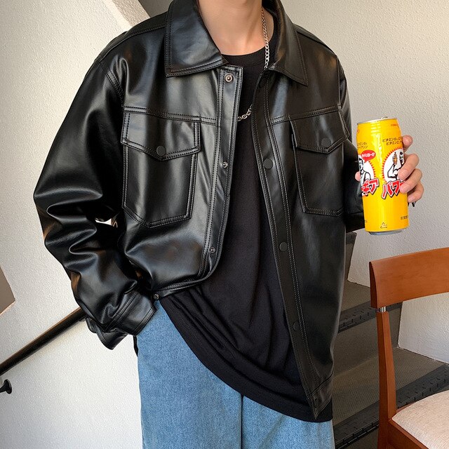 Herr vår svart mjuk konstläderjacka herr hiphop jacka läder manliga oversize streetwear fickor pu läderkläder: M