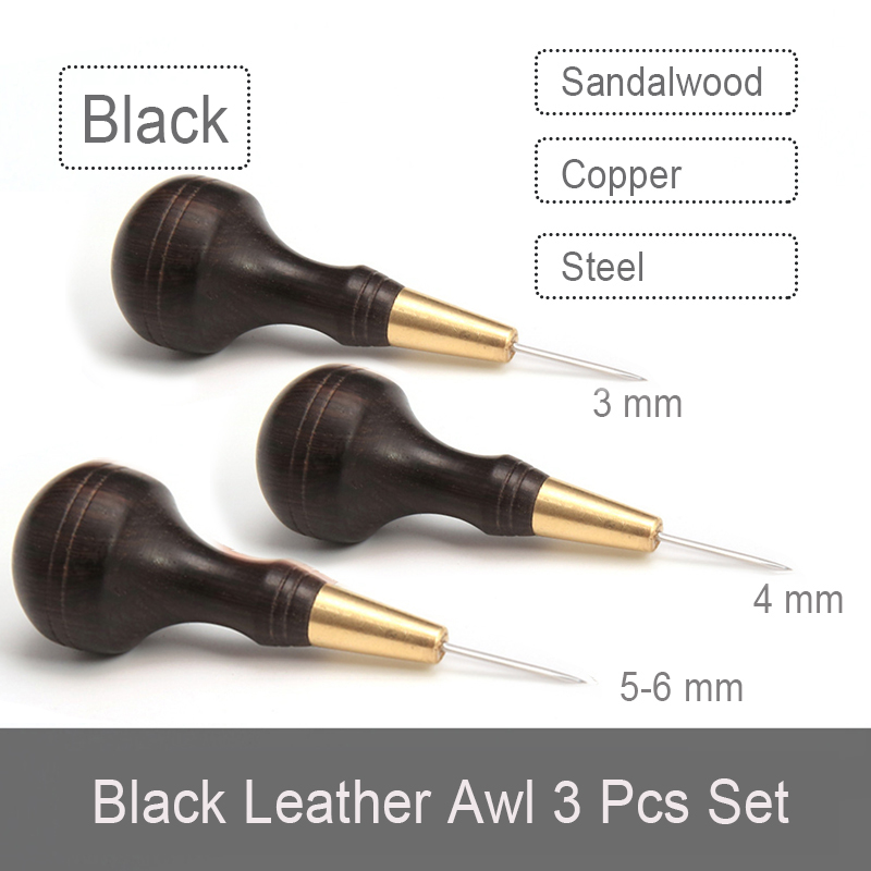 Poinçon de couture artisanal en cuir, manche en bois en forme de diamant, 1.5mm 3mm 4mm 5-6mm, outils de couture faits à la main, bricolage: Black diamond  3pcs