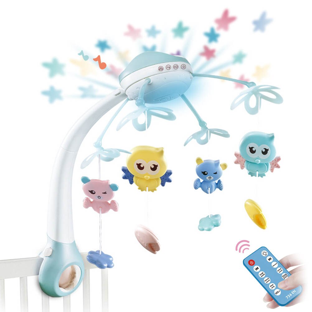 Baby krybbe mobiler rasler musik pædagogisk legetøj seng klokke karrusel til barnesenge projektion spædbarn baby legetøj 0-12 måneder med fjernbetjening: Blå