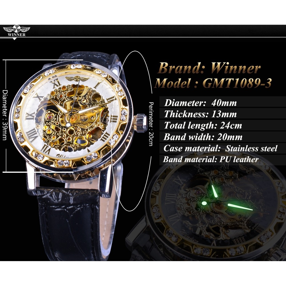 Winnaar Mechanische Horloges Diamant Retro Bloem Wit Goud Display heren Skeleton Horloges Topmerk Luxe Klok