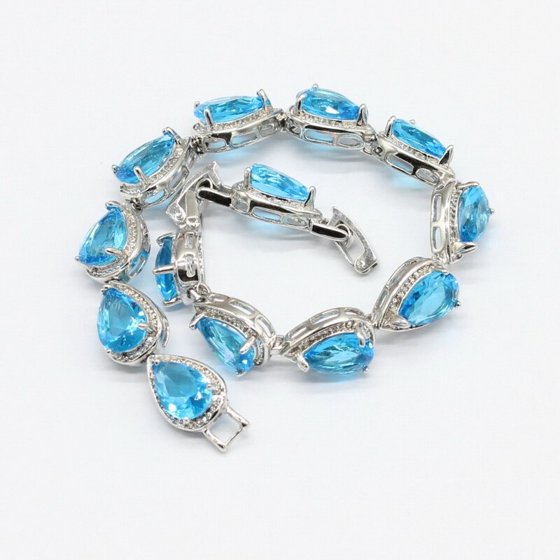 Conjuntos de joyas de boda de color plata con ópalo azul pera para mujer, collar, colgante, pendientes, anillos, pulseras de cristal azul cielo